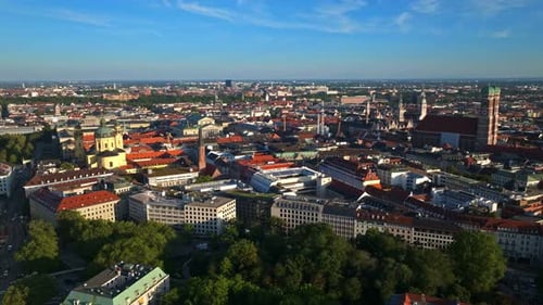 Aerial drone view of Munich’s Old Town (Altstadt), Germany.