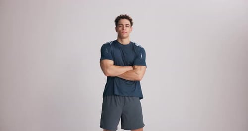 Fitness, face or athlete in studio with arms crossed, sportswear or progress goal in performance