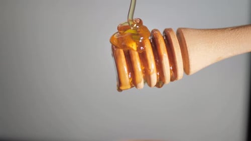 Honey Dripping from Wooden Honey Dipper Close Up