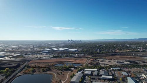 Far away distant drone shot of Downtown Denver, CO in the fall