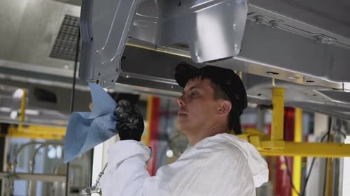 Car Factory Worker Applying Undercoating to Vehicle Chassis