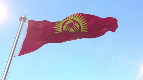 Realistic 3D Kyrgyzstan Flag Waving Against Bright Blue Sky