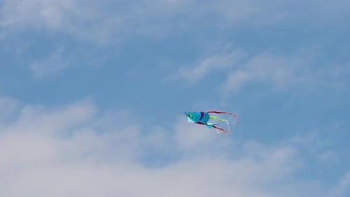 Colorful Kite Chinese Dragon Flying in Blue Sky A Kite in Slow Motion Freedom Hobby and Leisure Time