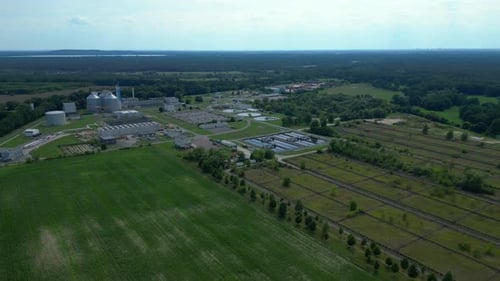 Wastewater treatment plant, drinking water. Perfect aerial view flight drone