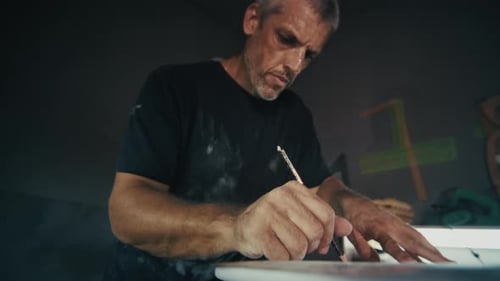 Surf board factory. Adult male shaper creates the surfing board on the factory