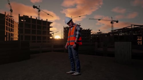 Full Body Side View Of Asian Male Engineer Having A Headache While Working At Construction Site