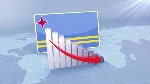 Aruba Flag With Decrease Bar Chart Graph And Arrow Red