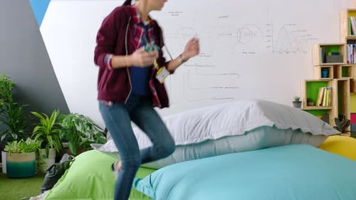 Pillow, relax and creative student with smartphone for social network, online chat