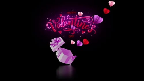 Happy Valentine's Day Neon Greeting Animation with Gift Box and Hearts