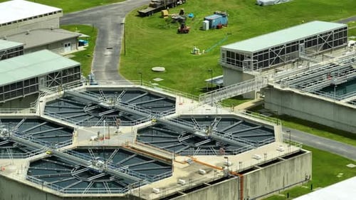 Aerial View of Water Treatment Factory at City Wastewater Cleaning Facility Purification Process of