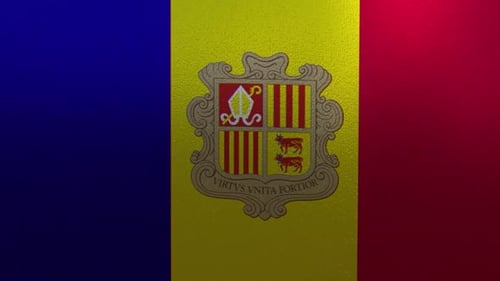Realistic Waving Vertical Flag of Andorra with Coat of Arms