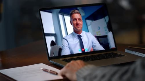 Unrecognizable Man Laptop Conference Online Office Closeup Boss Gesturing Hands