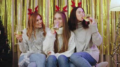 Women Celebrate Christmas With Wine and Antlers