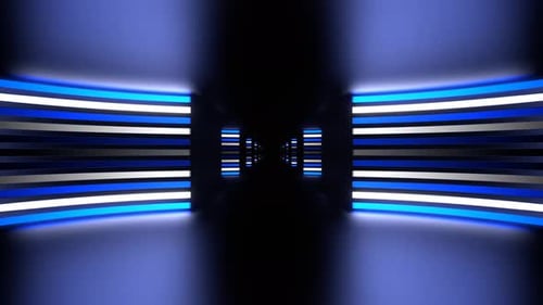 Korridor-Hintergrund mit blauem und weißem und blauem Neonkreis, VJ Loop in 4K