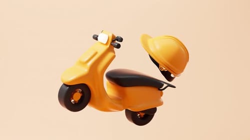 Cartoon electric scooter and helmet in the yellow background, 3d rendering.