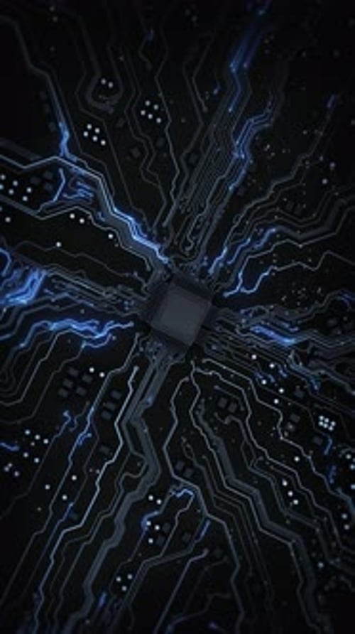Advanced Technology Circuit Board CPU Processor Digital Lines Move Data Concept Visualization