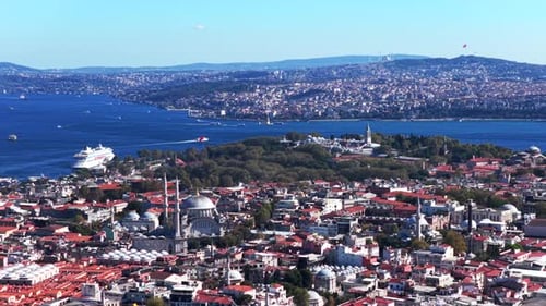 Morning Istanbul Turkey Türkiye aerial drone the Golden Horn Blue Mosque temple Hagia Sophia Grand