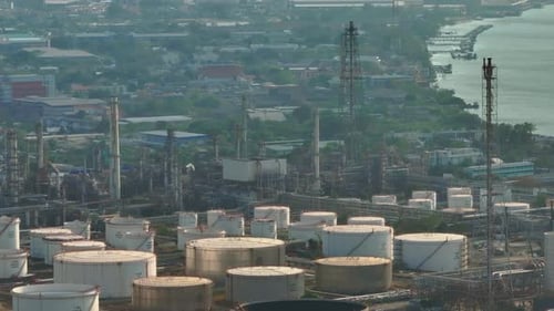 Aerial view of a large oil refinery and petroleum storage terminal