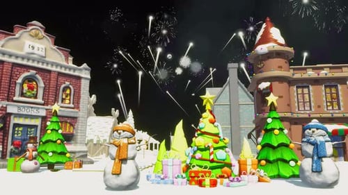 Animated Christmas Village with Snowmen and Fireworks Display