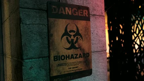 Biohazard Danger Yellow Warning Sign in Concrete Bunker with Red & Yellow Lights - Halloween, Scary,