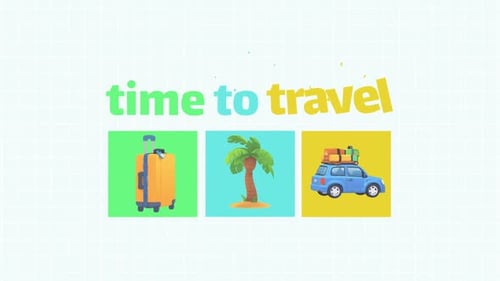 Time-to-Travel-Konzept mit Kofferpalme und Auto auf buntem Hintergrund