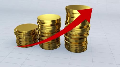 A Pile Of Plain Gold Coins With Prices Growing Up