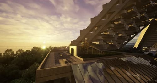Diseño arquitectónico moderno con vistas panorámicas al atardecer