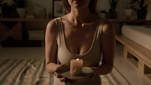 Woman Meditating with Candle in Relaxing Bedroom Setting