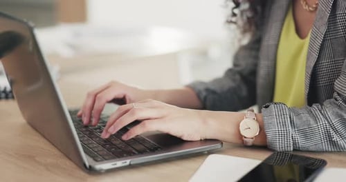 Business woman, laptop and hands typing on keyboard for schedule, planning