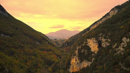 Aerial View of Autumn Mountains Autumn Forest During Sunset