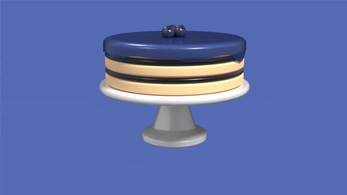 Cake animation with blueberry jam. 3D blueberry cake. Cake with liquid blue berry glaze drops