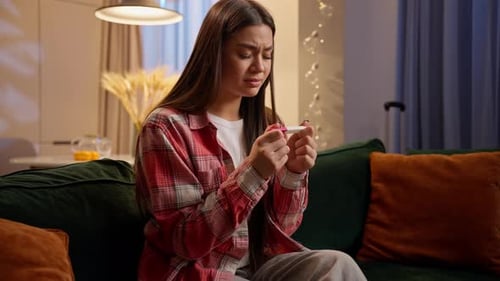 Worried Upset Caucasian Girl at Home Pregnant Woman Future Mother Stressed Check Pregnancy Test