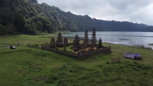 Aerial video of Pura Olon Dano Temple Tamblingan by the lake