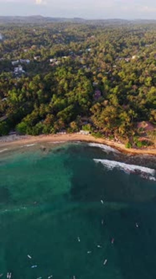 Static drone shot of Hiriketiya beach in Sri Lanka