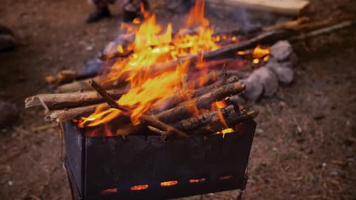 Burning Wood in Barbecue Fire Pit