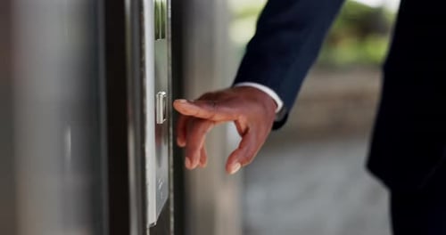 Elevator button, man and business worker at corporate building and lift for office floor