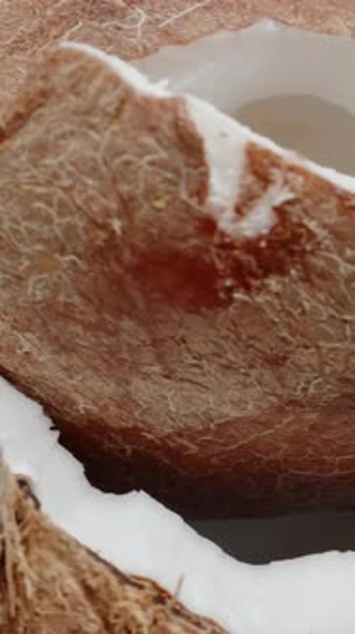 Vertical video. A Close-Up of Two Halves of a Coconut That Have Split in Half and Are Rotating.