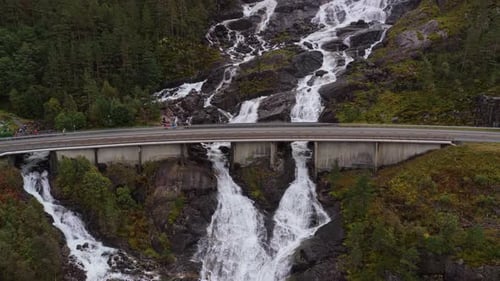 Famous Langfossen waterfall seen from above in wild Norway terrain
