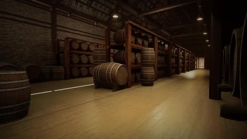Aufbewahrung von Weinfässern im Weintresor. Fässer mit Cognac, Wein oder Whisky