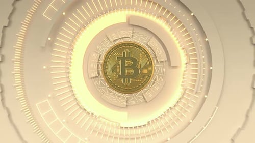 Golden Bitcoin rotating on bright financial technology charts