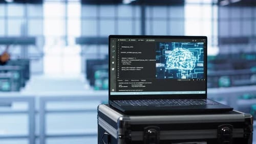Ordenador portátil en una instalación de centro de datos con simulación de inteligencia artificial