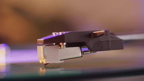 Retro Vinyl Record Player Playing Music Closeup Macro Shot of Vintage LP Disc Old Phonograph