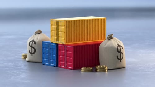 USA trade war and international tariffs. Concept featuring stacked shipping containers with money