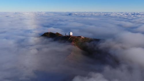 Aerial Mountain Summit with Radar Dome on Madeira Island Portugal