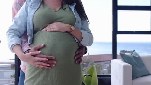 Couple enceinte s'embrassant, mains sur le ventre de la femme enceinte, debout dans le salon, espace de copie