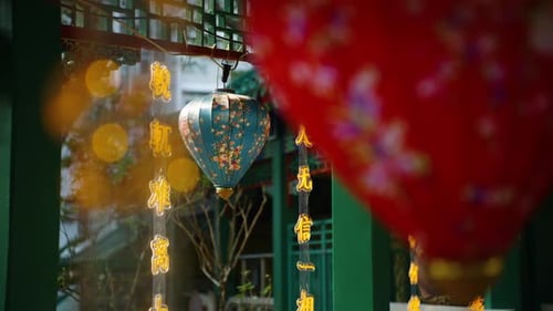 Close Up of Colorful Chinese Lanterns Hanging in Traditional Temple