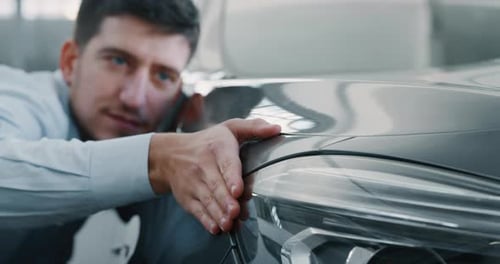 Close up young businessman checking anonymous just repaired in car auto body shop. Slow motion sho