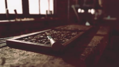 Vintage Wild West Carpenter Shop Interior with Antique Tools
