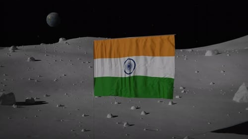 Realistic Indian Flag Waving on Moon Surface with Earth View