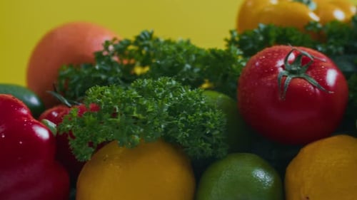 Colorful Display of Fresh Produce With Water Droplets